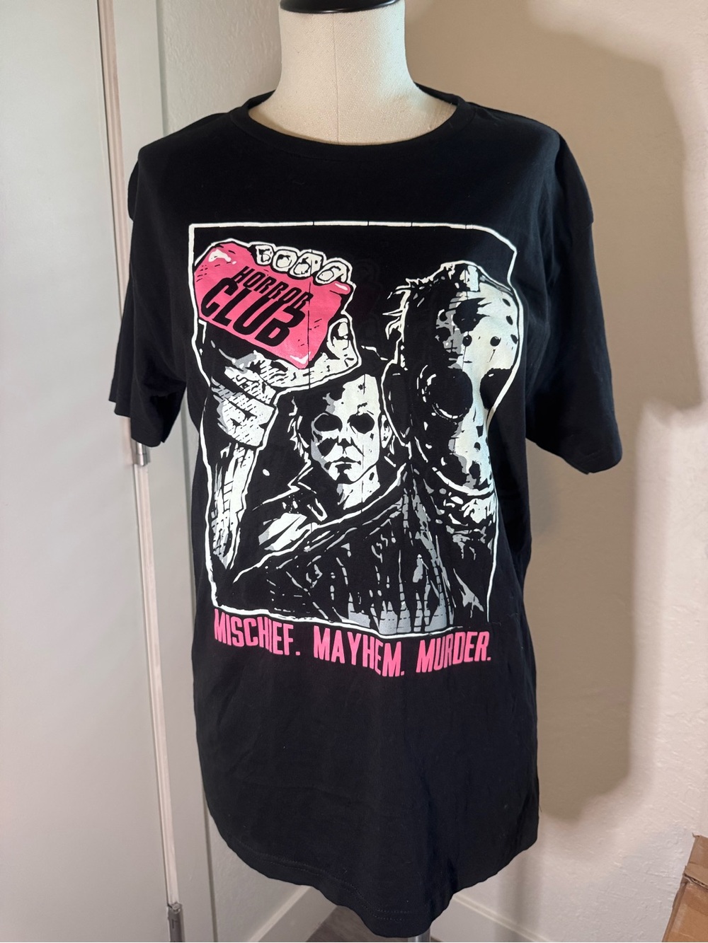 Black Horror Club Graphic Tee with Pink & White Art